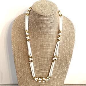 Vintage white & gold multi strand beaded necklace unique mod tubular Boho